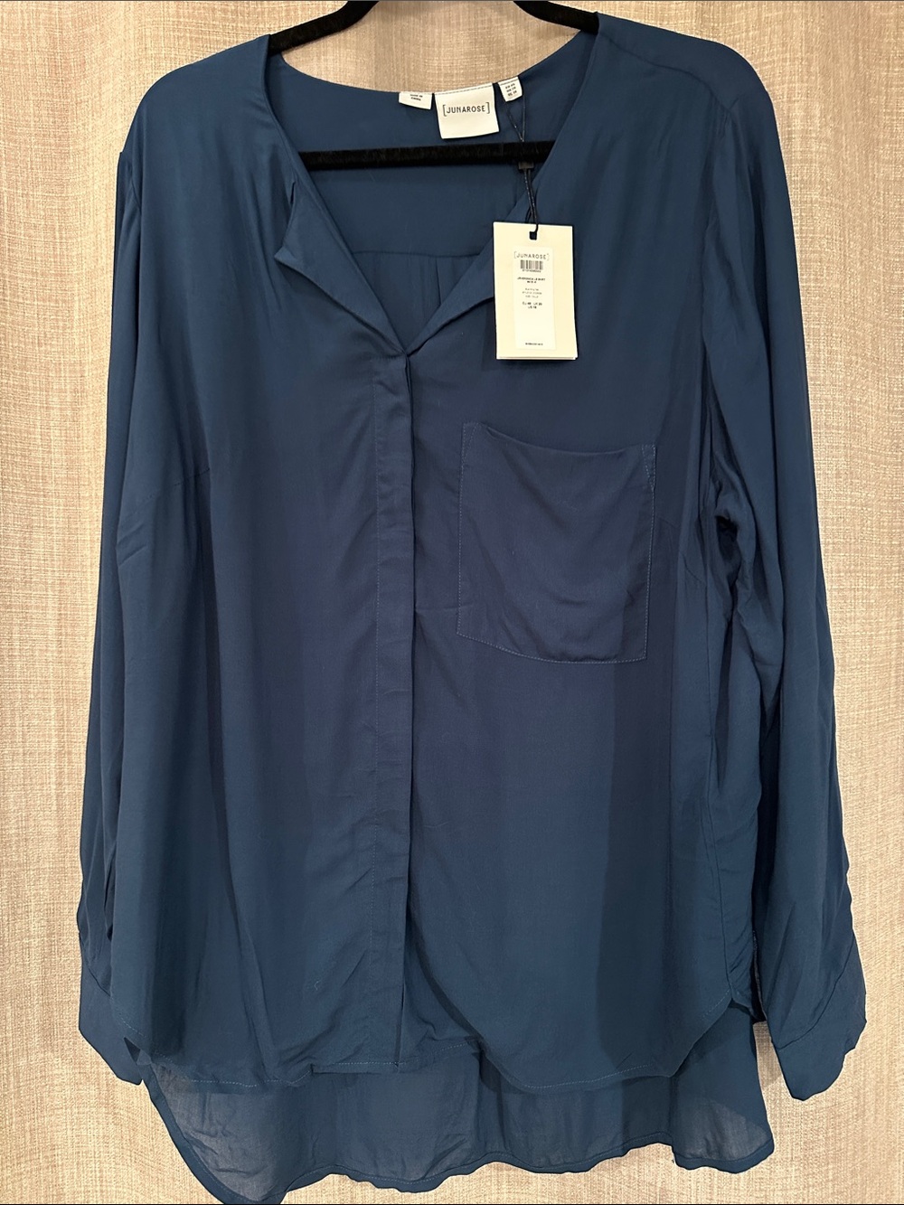 Junarose Blue Long-Sleeve V-Neck Pocket Blouse